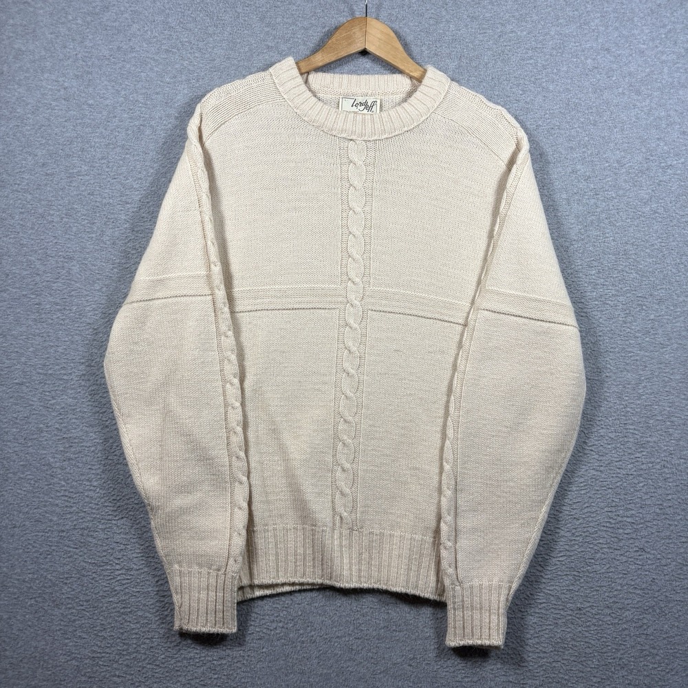 VTG 70s Lord Jeff Cable Knit Grid Sweater L Cream Orlon Acrylic Crewneck USA